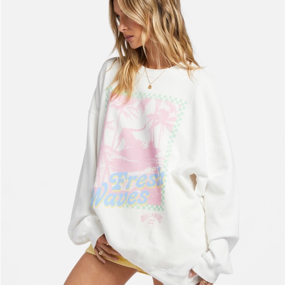 Billabong White Ride In Sweatshirt with Pastel Graphic